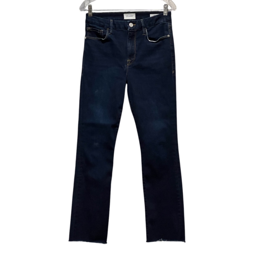 Frame Le Mini Boot Dark Wash High Rise Stretch Raw Hem Jeans Size 30 - Picture 3 of 10